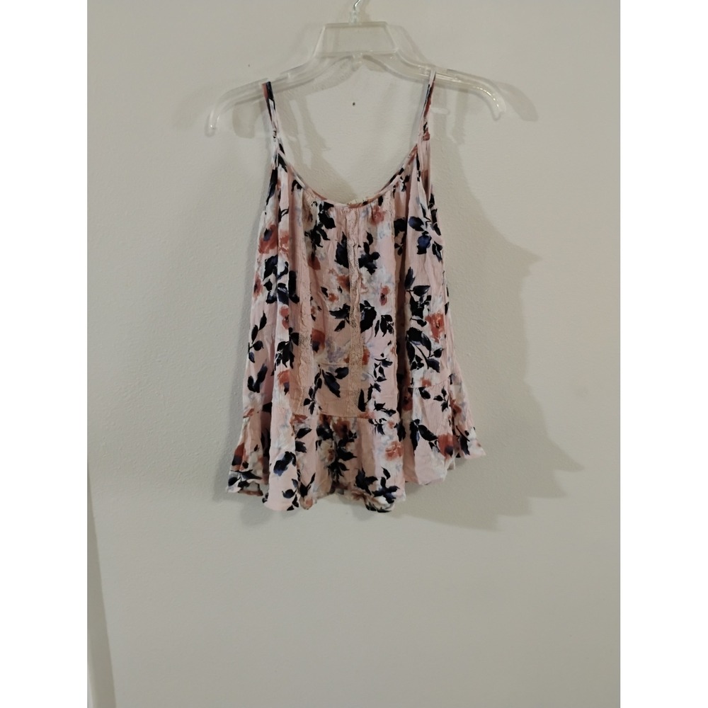 California Gypsy Pink Floral Lace Trim Cami Tank Top Large Boho Flowy